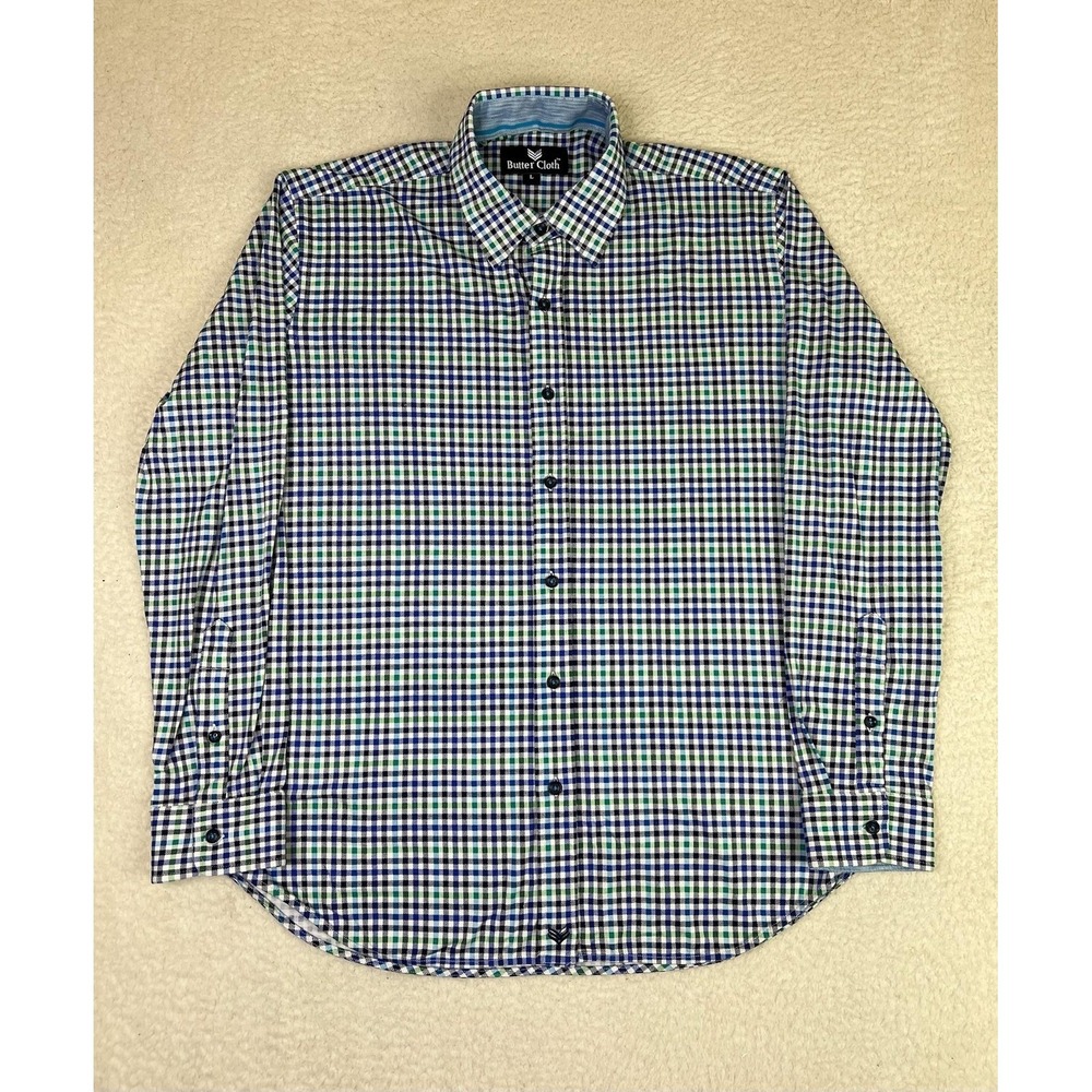 Butter Cloth Shirt Mens Large Blue Green Check Cotton Long Sleeve Button Up